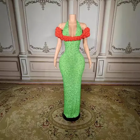 Women's Elegant Polyester Off-Shoulder Halter Neck Evening Dress Heavy Craft Rhinestone Bodycon Maxi Dress For Banquet Party