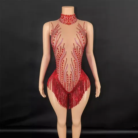 Damen Funkelnder Strass Quasten Romper Jumpsuit Ärmellos Stehkragen Latein Tanz Bodysuit Für Bühne Festzug Party Nachtclub Kleidung