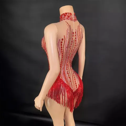 Damen Funkelnder Strass Quasten Romper Jumpsuit Ärmellos Stehkragen Latein Tanz Bodysuit Für Bühne Festzug Party Nachtclub Kleidung