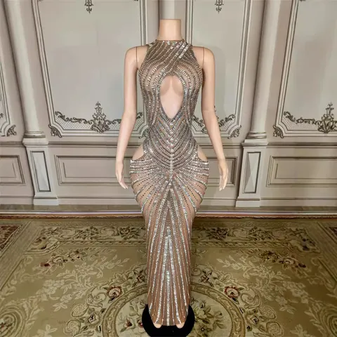 Luxury Sexy Rhinestone Mesh Evening Party Dress For Women High-end Studded Hollow Out Sheer Fishtail Maxi Performance Gown