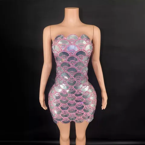 Sequined Rhinestone Bodycon Mini Dress Women Strapless Backless Scalloped Pattern Cocktail Party Nightclub Party Dress