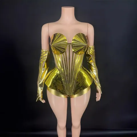 Women Gold Mirror Jumpsuit Dress With Sleeves Metallic Polyester Stage Performance Outfit Party Top And Bottom Clubwear