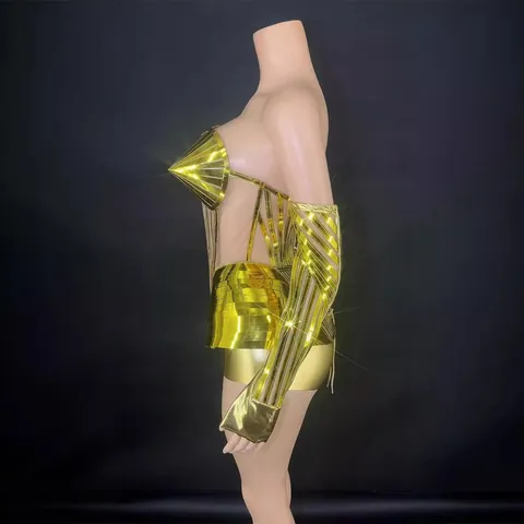 Women Gold Mirror Jumpsuit Dress With Sleeves Metallic Polyester Stage Performance Outfit Party Top And Bottom Clubwear
