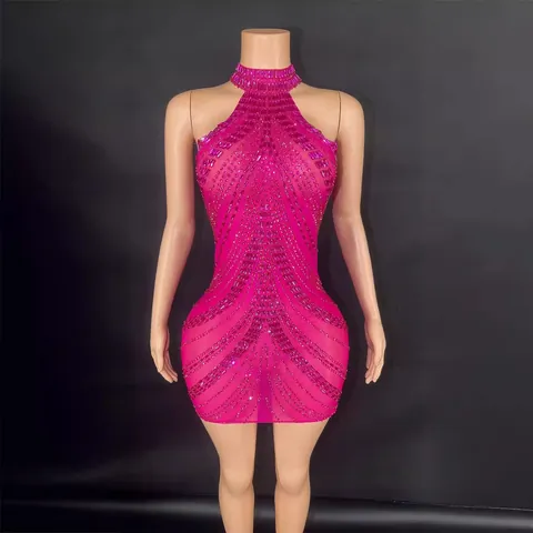 Women Halter Neck Rhinestone Bodycon Dress Polyester Sexy Sheer Mesh Stage Performance Mini Dress Top And Bottom Party Clubwear