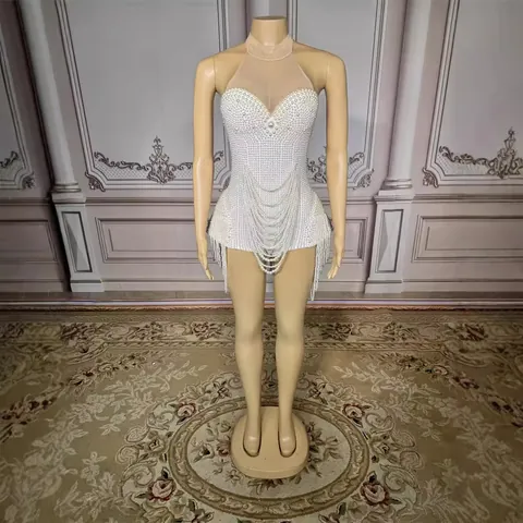 Women's Luxurious Artificial Pearl Rhinestone Bodysuit Halter Neck Mesh Patchwork Fringe Jumpsuit Top And Bottom Stage Performance Costume