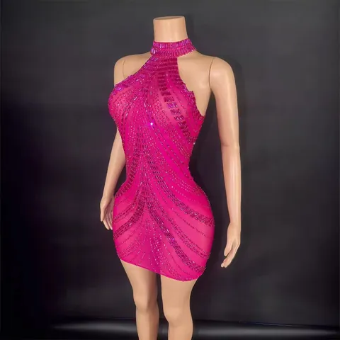 Women Halter Neck Rhinestone Bodycon Dress Polyester Sexy Sheer Mesh Stage Performance Mini Dress Top And Bottom Party Clubwear