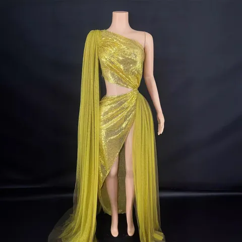 Women One Shoulder Backless Sleeveless Sequin Hollow Out Split Long Evening Dress Elegant Banquet Party Sexy Maxi Dress Top And Bottom