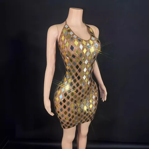Women Halter Neck Sequin Mirror Mini Dress Rhombus Rhinestone Party Bodycon Dress Sexy Clubwear Singer Stage Performance Dress