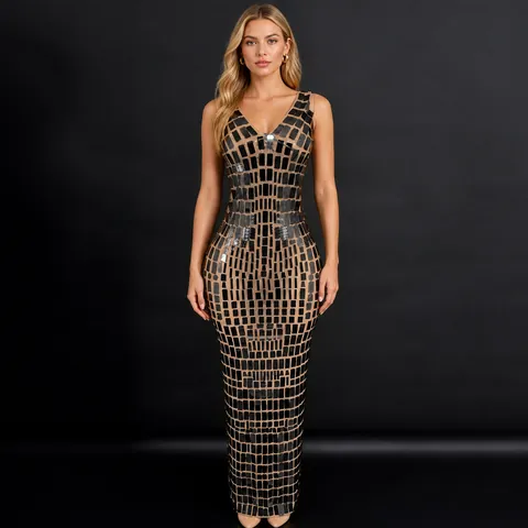 Women's Slim Fit Sequin Evening Dress Elegant V-Neck Sleeveless Maxi Dress For Party Banquet Annual Meeting Dress