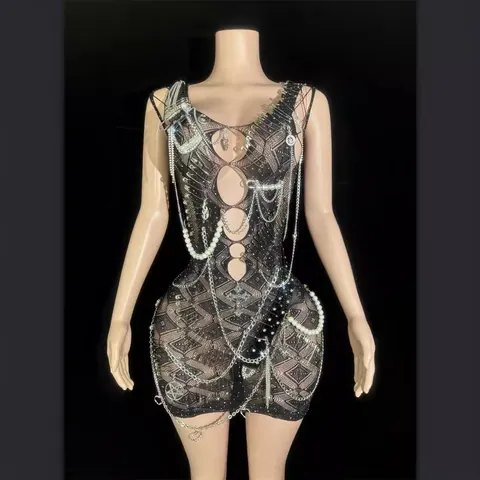 Vestito Mini in Mesh Senza Maniche con Schiena Scoperta da Donna Vestito Bodycon Punk Gothic con Catene in Metallo Perle Artificiali e Spille da Balia