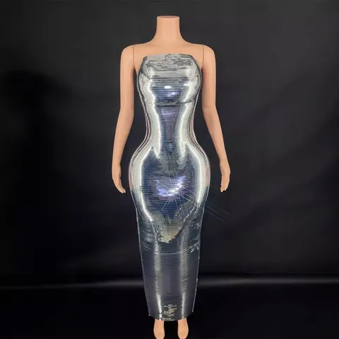 Damen Sexy Glänzend Silber Metallic Langes Kleid Schulterfrei Bodycon Meerjungfrau Partykleid Elegant Bankett Abendkleid Polyester Vestido