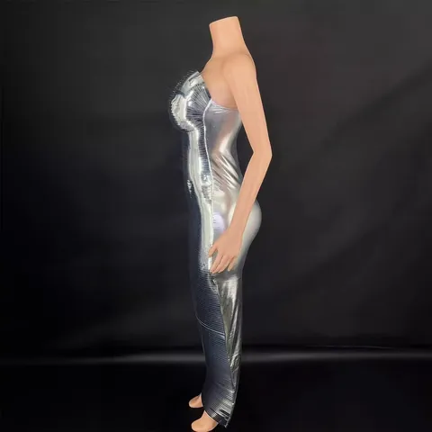 Damen Sexy Glänzend Silber Metallic Langes Kleid Schulterfrei Bodycon Meerjungfrau Partykleid Elegant Bankett Abendkleid Polyester Vestido