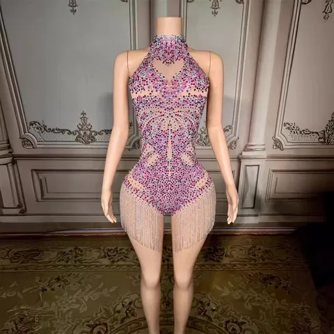 Women Halter Backless Sleeveless Rhinestone Fringe Tassel Mini Dress Elegant Bodycon Nightclub Party Stage Performance Dress