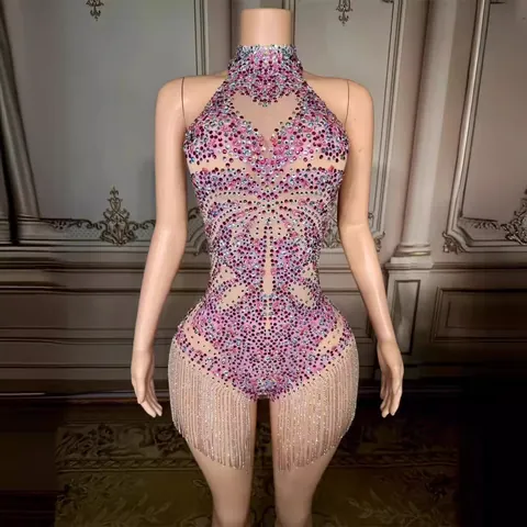 Women Halter Backless Sleeveless Rhinestone Fringe Tassel Mini Dress Elegant Bodycon Nightclub Party Stage Performance Dress