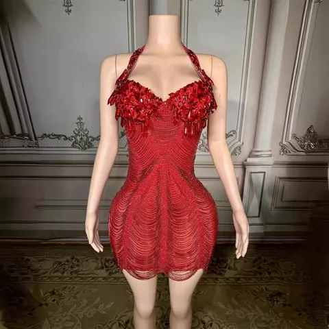 Women Luxury Halter V-Neck Rhinestone Beaded Mini Dress Elegant Wave Tassel Bodycon Party Top And Bottom