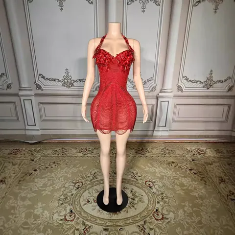 Women Luxury Halter V-Neck Rhinestone Beaded Mini Dress Elegant Wave Tassel Bodycon Party Top And Bottom