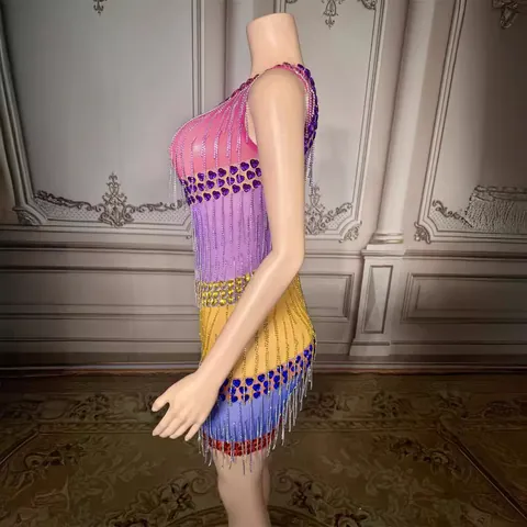 Elegant One Shoulder Sleeveless Bodycon Mini Dress With Rhinestone Heart Embellished Tassel Fringe Sexy Party Banquet Dress