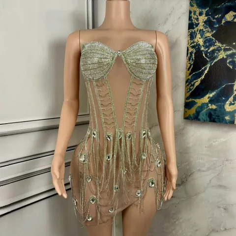Abito Mini da Donna Lussuoso Sexy con Scollo a Barca e Nappine di Strass Schiena Scoperta in Rete con Stecche per Festa