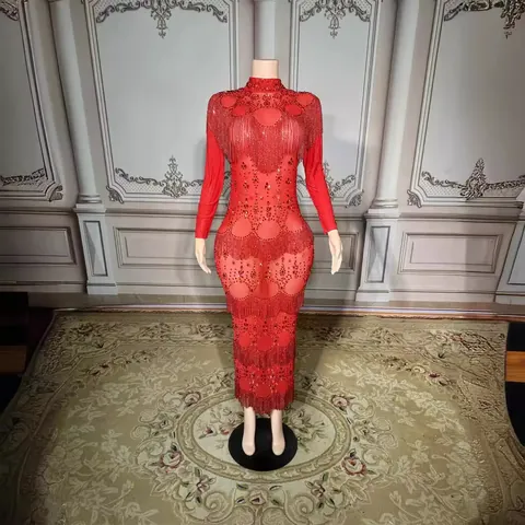 Polyester Rhinestone Tassel Evening Gown Semi-High Neck Bodycon Long Sleeve Floor Length Elegant Party Dress For Women
