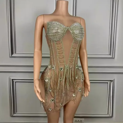 Abito Mini da Donna Lussuoso Sexy con Scollo a Barca e Nappine di Strass Schiena Scoperta in Rete con Stecche per Festa