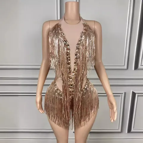 Women Sexy Halter Neck Backless Romper Polyester Inlaid Rhinestone Artificial Pearl Tight Mini Jumpsuit For Stage Party