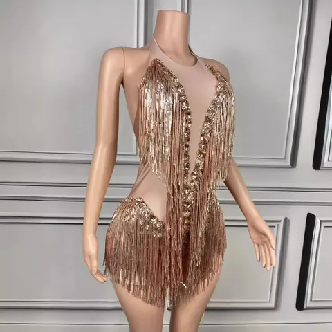 Women Sexy Halter Neck Backless Romper Polyester Inlaid Rhinestone Artificial Pearl Tight Mini Jumpsuit For Stage Party