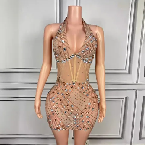 Women Elegant Nude Halter Backless Rhinestone Mesh Fishbone Bodycon Mini Dress Sexy Evening Party Banquet Formal Dress
