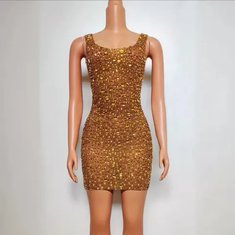 Women Sexy Backless V-Neck Rhinestone Mini Dress Sleeveless Bodycon Party Sparkly Clubwear Elegant Night Out Dress