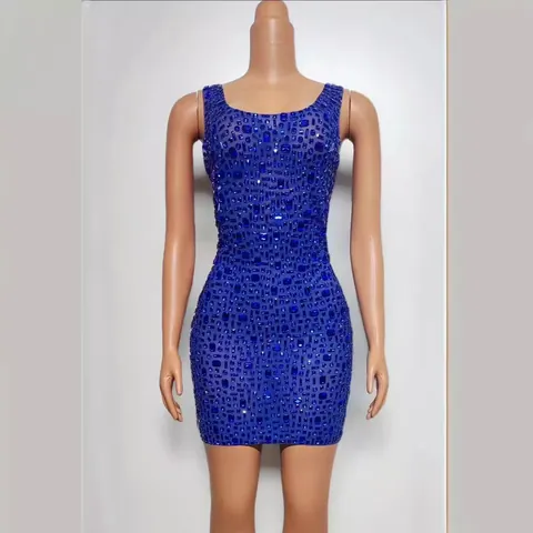 Women Sexy Backless V-Neck Rhinestone Mini Dress Sleeveless Bodycon Party Sparkly Clubwear Elegant Night Out Dress