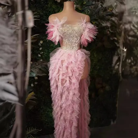 French Pink Off-Shoulder Sequin Maxi Dress For Women Fishbone Corset Mesh Mermaid High Slit Wedding Party Elegant Evening Dress