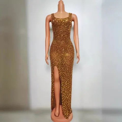 Women Luxurious Rhinestone Halter Backless Evening Dress Elegant Slim Fit Split Maxi Gown For Banquet Party Wedding