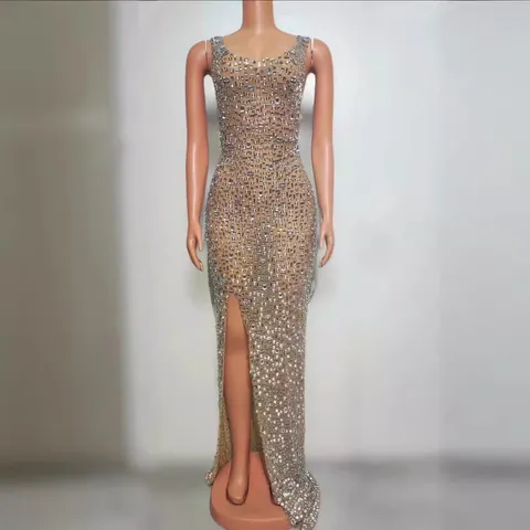Women Luxurious Rhinestone Halter Backless Evening Dress Elegant Slim Fit Split Maxi Gown For Banquet Party Wedding