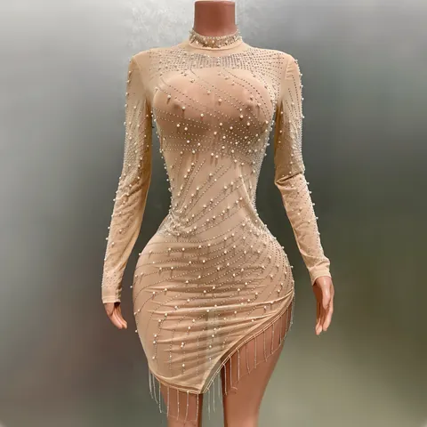 Women Sexy Mock Neck Beaded Rhinestone Bodycon Mini Dress Elegant Long Sleeve Fringe Tassel Nightclub Party Evening Dress