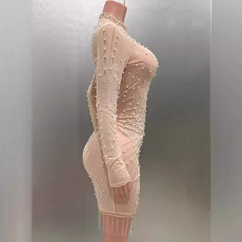Women Sexy Mock Neck Beaded Rhinestone Bodycon Mini Dress Elegant Long Sleeve Fringe Tassel Nightclub Party Evening Dress