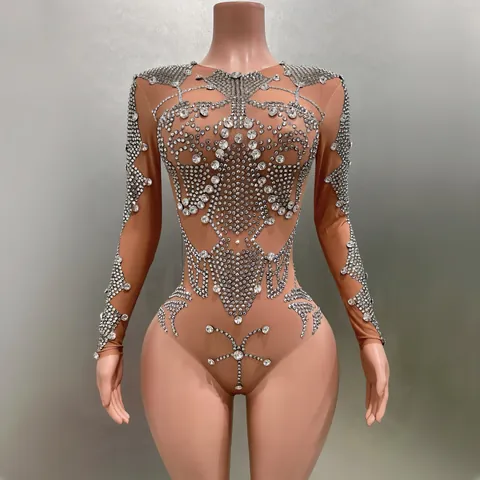 Elegant Polyester Mesh Rhinestone Bodysuit Long Sleeve Nude Bodycon Romper For Women Party Performance Sexy Slim Fit Leotard