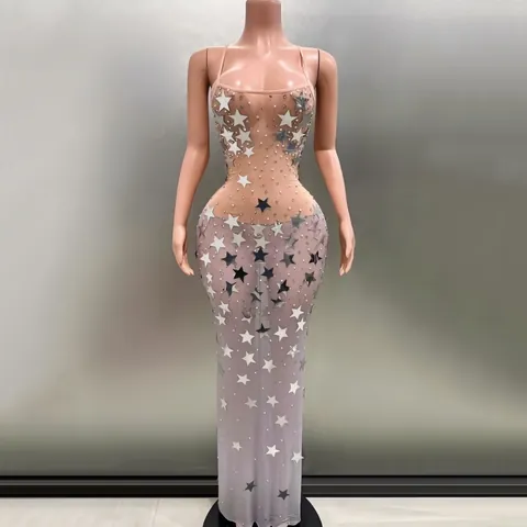 Women Sexy Backless V Neck Sequin Star Maxi Dress Sleeveless Slim Fit Bodycon Party Evening Gown Mesh Tulle Dress For Women