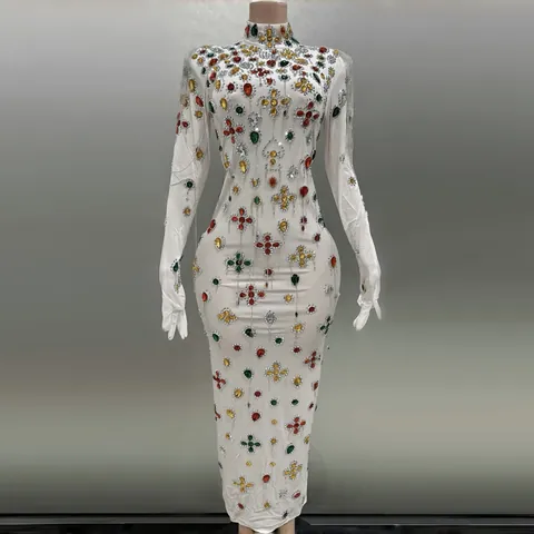 Women Elegant White Rhinestone Fringe Maxi Dress Half High Neck Long Sleeve With Integrated Gloves Bodycon Performance Evening Gown