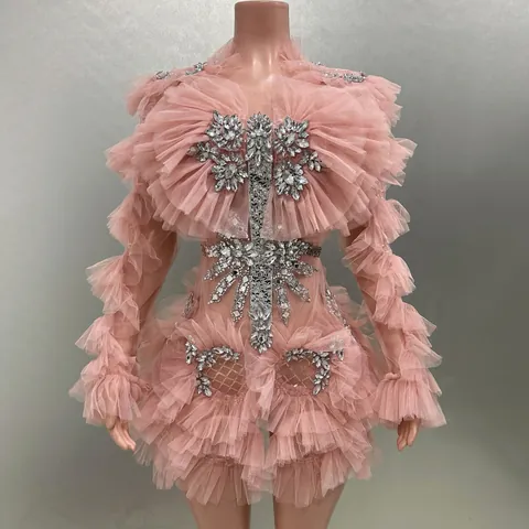 Elegant Pink Mesh Pleated Long Sleeve Mini Dress With Rhinestone Embellishment Slim Fit Evening Gown For Women Party Wear