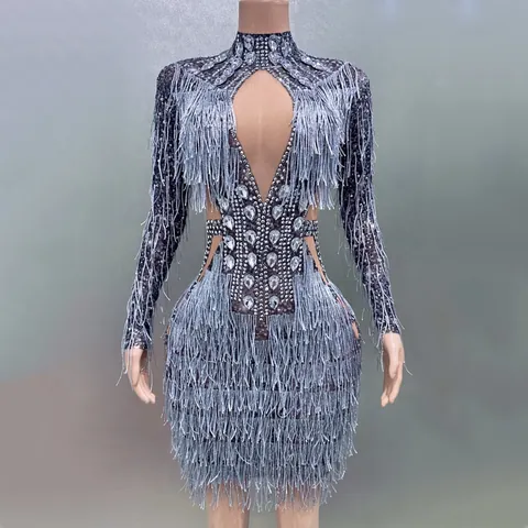 Women Sexy Silver Gray Rhinestone Tassel Mini Bodycon Dress Long Sleeve Cut Out Stage Performance Party Evening Dress
