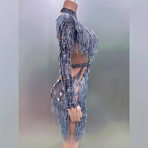 Women Sexy Silver Gray Rhinestone Tassel Mini Bodycon Dress Long Sleeve Cut Out Stage Performance Party Evening Dress