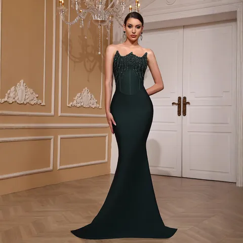 Abito da Sera Elegante da Donna Verde Scuro Senza Spalline a Sirena Benda Strass Fishtail Lungo Strascico Top And Bottom Abito Formale