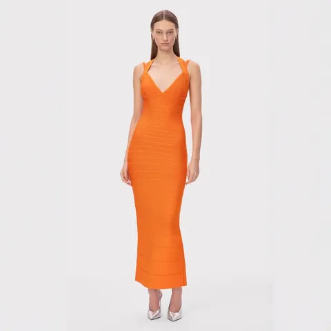 Women Sexy Orange Deep V-Neck Crisscross Strap Bandage Dress Slim Fit Fishtail Evening Party Maxi Dress Polyester Spandex Backless Textured Clubwear