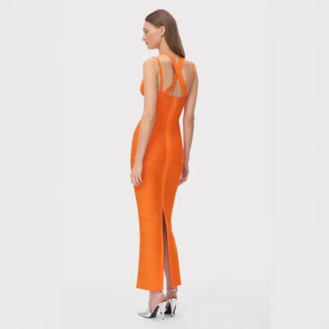 Women Sexy Orange Deep V-Neck Crisscross Strap Bandage Dress Slim Fit Fishtail Evening Party Maxi Dress Polyester Spandex Backless Textured Clubwear