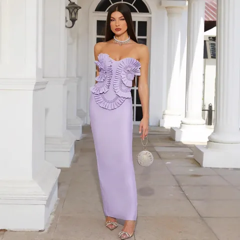 Elegante Vestito Lungo Viola Senza Spalline Bandage Donna Increspato Patchwork Perle Artificiali Aderente Abito da Sera Festa