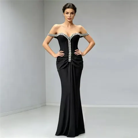 Elegante Abito da Sera Aderente con Spalle Scoperte e Strass Scollo a V Lungo Abito Mermaid per Banchetti Feste