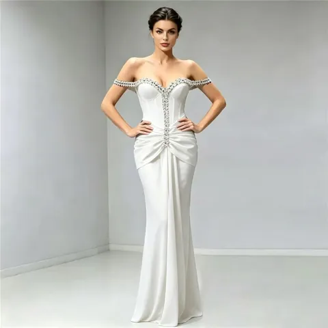 Elegante Abito da Sera Aderente con Spalle Scoperte e Strass Scollo a V Lungo Abito Mermaid per Banchetti Feste