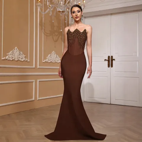 Damen Elegantes Dunkelbraunes Trägerloses Pailletten Meerjungfrau Bandage Kleid Sexy Rückenfreies Schlanke Passform Abendkleid Top And Bottom