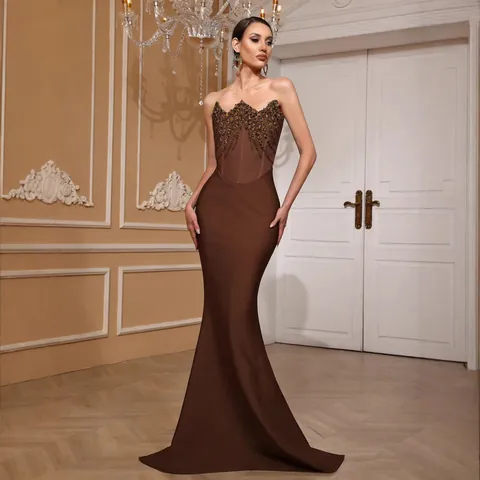 Damen Elegantes Dunkelbraunes Trägerloses Pailletten Meerjungfrau Bandage Kleid Sexy Rückenfreies Schlanke Passform Abendkleid Top And Bottom