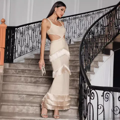 Abito Maxi da Donna Sexy in Maglia a Fasce con Frange a Strati Ritaglio in Vita Scollo a U Senza Maniche Elegante Festa