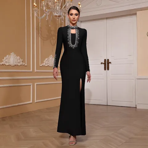 Women Black Long Sleeve Maxi Dress Heavy Beadwork High Split Bandage Slim Fit Elegant Evening Party Ball Gown Dress